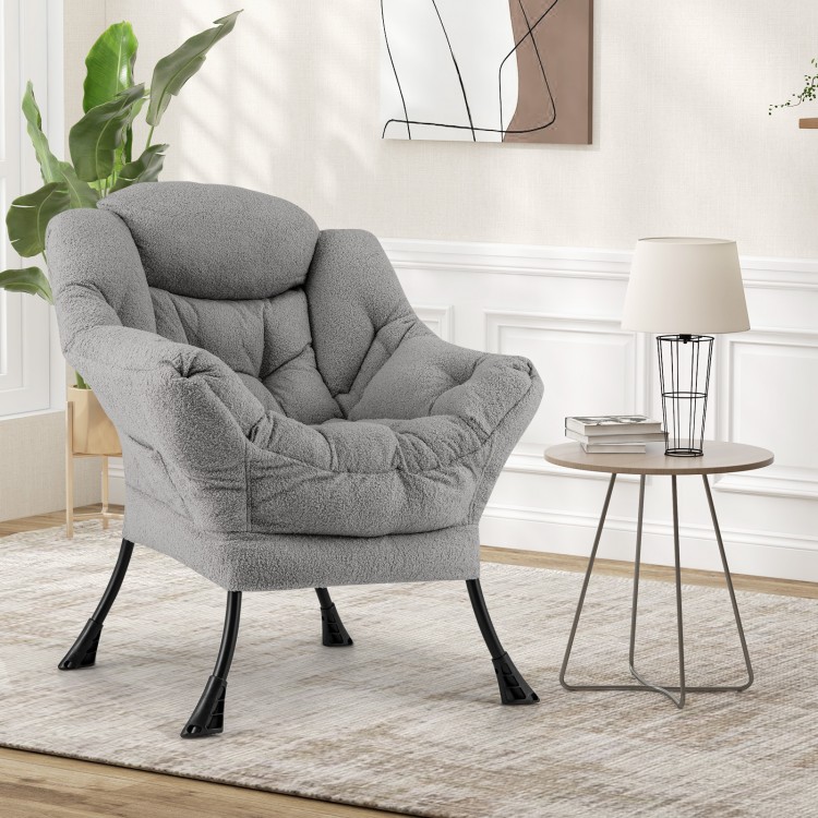 Cozy gray Sherpa upholstered accent chair with head pillow, ergonomic design, perfect for living rooms and home offices.